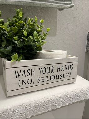 Wash Your Hands White Wooden Bathroom Caddy - Decorative Storage
